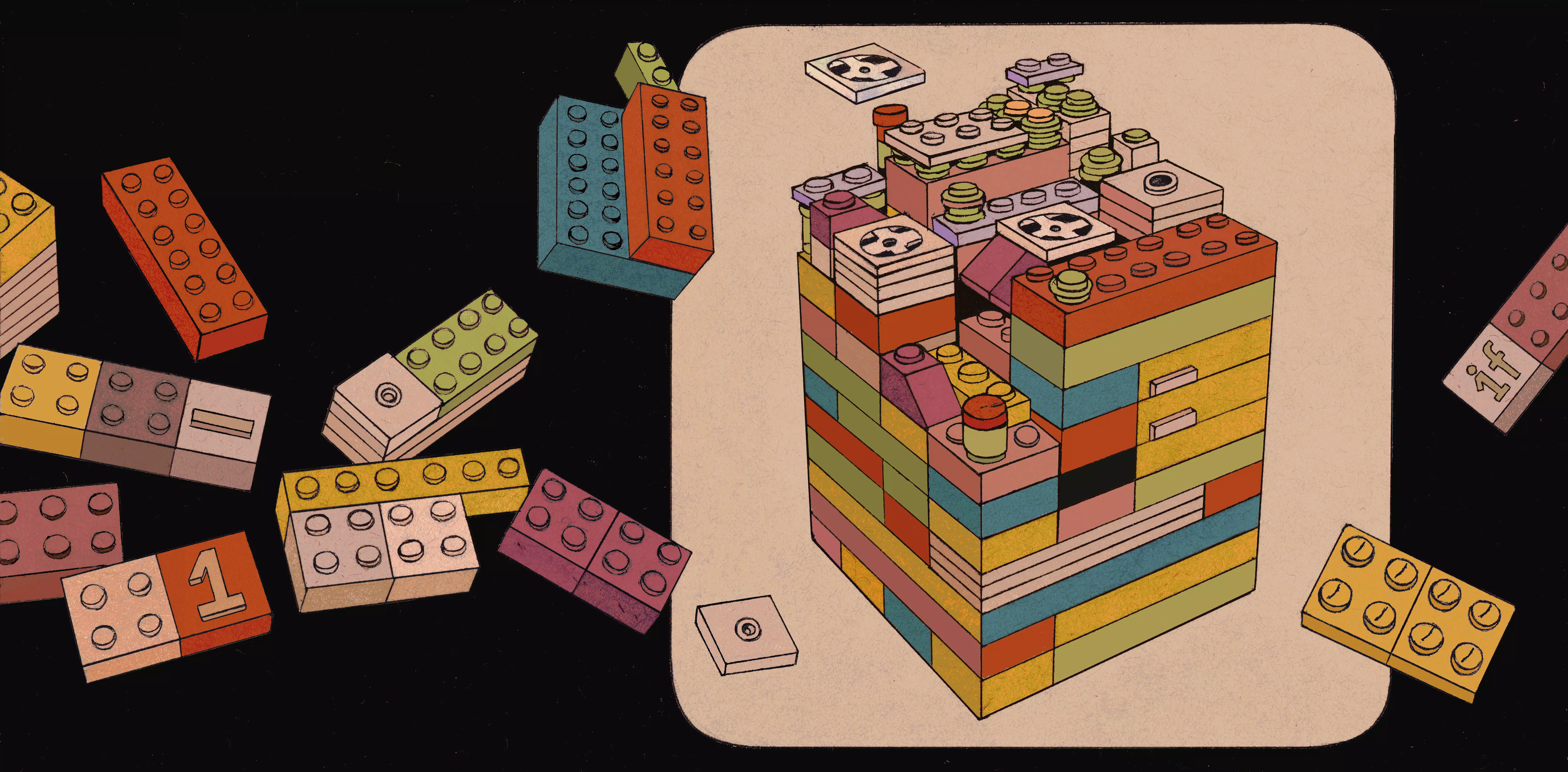 Scattered Lego bricks in front of a partially assembled cube of Legos. A light beige background frames the cube with the rest of the background in black. Illustration by Toma Vagner at https://tomavagner.com.
